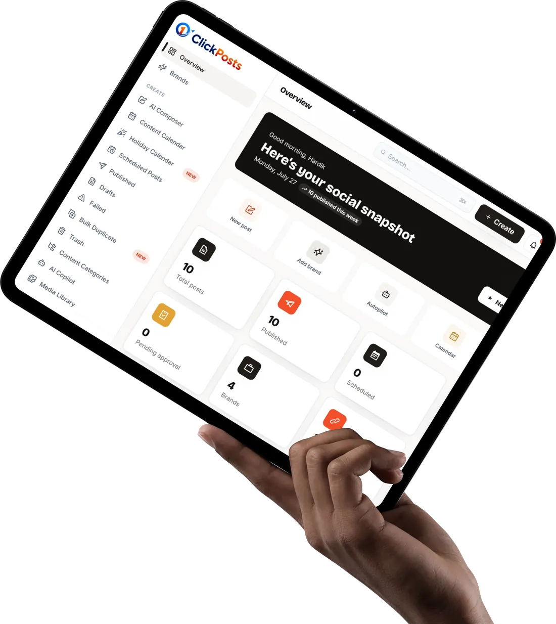 The OneClickPosts dashboard on a tablet, showing the overview with scheduled posts and this week's stats.